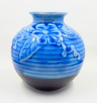 Vietnamese Pottery Ball Vase Embossed Flower Glazed Blue Crazed Brown Base - £23.94 GBP