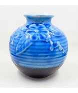 Vietnamese Pottery Ball Vase Embossed Flower Glazed Blue Crazed Brown Base - £23.58 GBP
