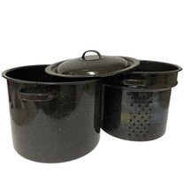 Enamelware Stock Pot With Strainer And Lid Black Speckled Vintage Very Nice - $26.70