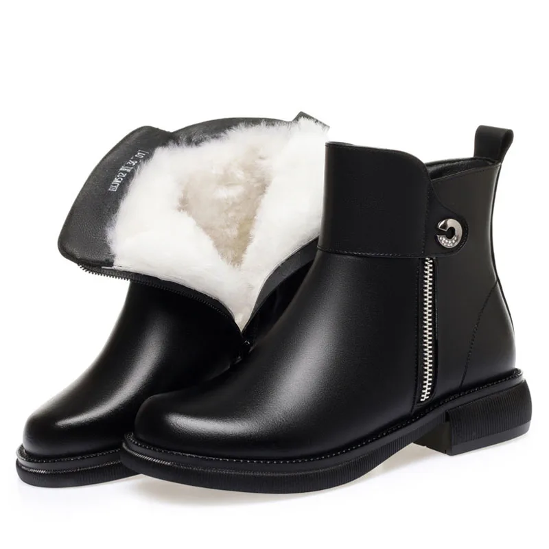 Plus Size 41 42 Women Snow Boots Side Zipper Cowhide Winter Warm Wool Ankle Boot - £63.63 GBP