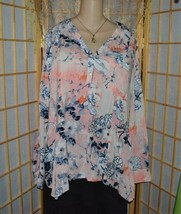 Style &amp; Co Peasant Top Blouse~Peach Floral ~L XL~Long Sleeve~Loose Fit~Pink - $14.45