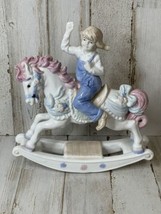 Girl On Rocking Horse Figurine Ceramic Painted 7 3/4&quot; Vtg 1991 Paul Sebastian - £9.68 GBP