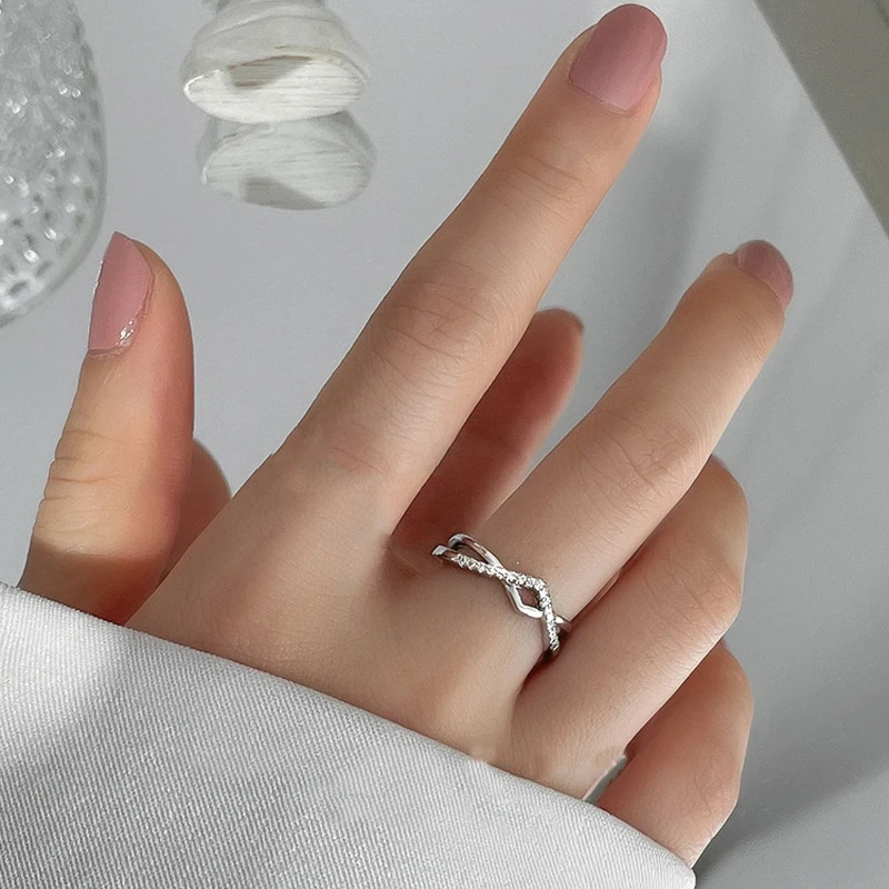 Silver Color Double Cross Flashing Zircon Open Rings for Women Student Korean In - £10.93 GBP