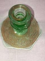 Green Vintage Depression Glass Candlestick Gold Trim - $19.99