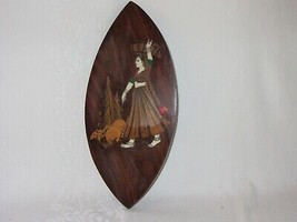 Carved Wood Inlay Marquetry Vtg Folk Art Wall Hanging Barefoot Woman Rams - £16.06 GBP
