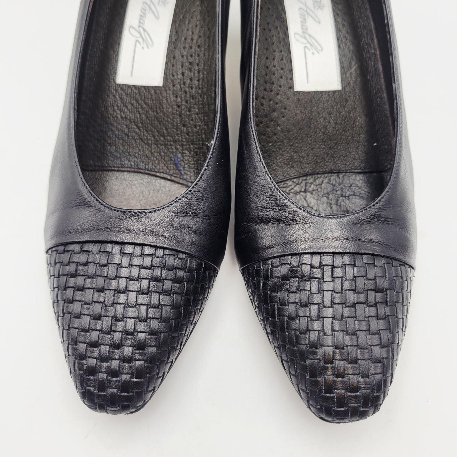 Amalfi by Rangoni Women Black Leather Pumps Heel 7.5 Narrow Career Woven Cap Toe Item image 4