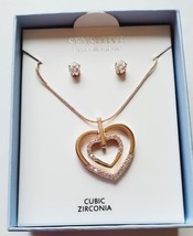 Essential Designs Earring &amp; Necklace Set Rose Gold Heart Necklace &amp; CZ Studs - £13.98 GBP