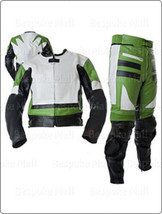 New Men&#39;s Motorcycle Racing Green White Leather Two Piece Suit Safety Pads-554 - £312.89 GBP