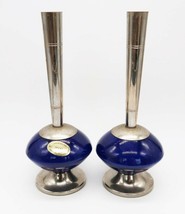 Pair of MCM chrome &amp; blue ceramic Delft Holland bud vases - $380.53 MXN