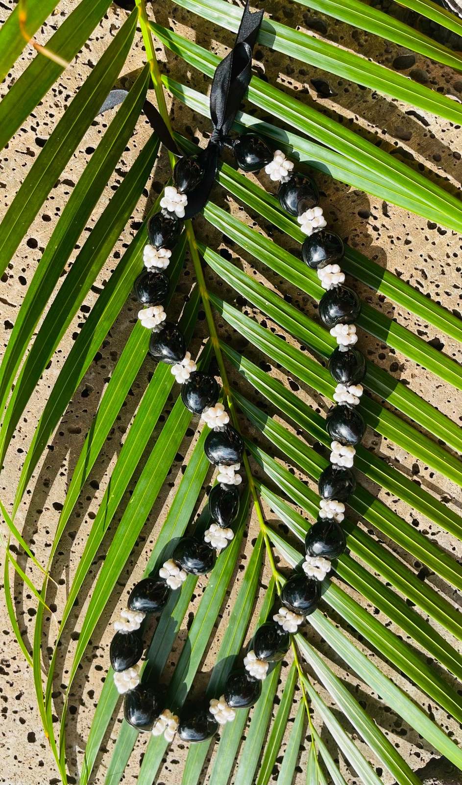 Hawaiian Black Kukui Nut Lei Necklace with 3 Rings White Mongo Shells - $33.75