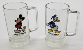 N) 2 Vintage Donald Duck Mickey Mouse Walt Disney Drinking Glass Beer Mugs 1970s - £23.42 GBP