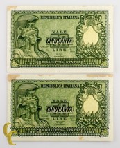 1951 Italy 2 Sequentially Numbered 50 Lire (AU) About Uncirculated Condi... - $57.17