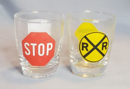 Set of 2 Vintage Street Road Railroad Crossing Stop No Parking Sign Shot Glasses - £11.83 GBP