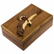 Hawk Bird Wooden Intarsia Treasure Trinket Large Box 9&quot; x 6&quot; Handcrafted... - $44.50