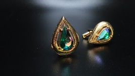 Vintage Tear Drop Shaped Watermelon Iridescent Rhinestone Gold Chain Cufflinks - £37.54 GBP