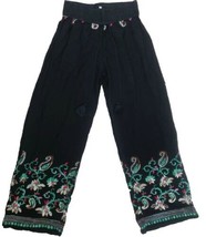 Embroidered Boho Palazzo Pants Womens M Wide Leg Black Floral Cruise K&#39;aana&#39;ab - £12.58 GBP