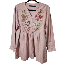 Gudrun Sjöden Womens L Tunic Flower Embroidered Button Pink Large Boho B... - £37.63 GBP