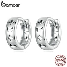 Bamoer 925 Silver Simple Moon Star Hoop Earrings Huggies for Women Fashion Ear B - $21.84