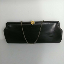 Black Long Clutch Purse With Pearl Flower Clasp 1960s Vintage  - £46.30 GBP