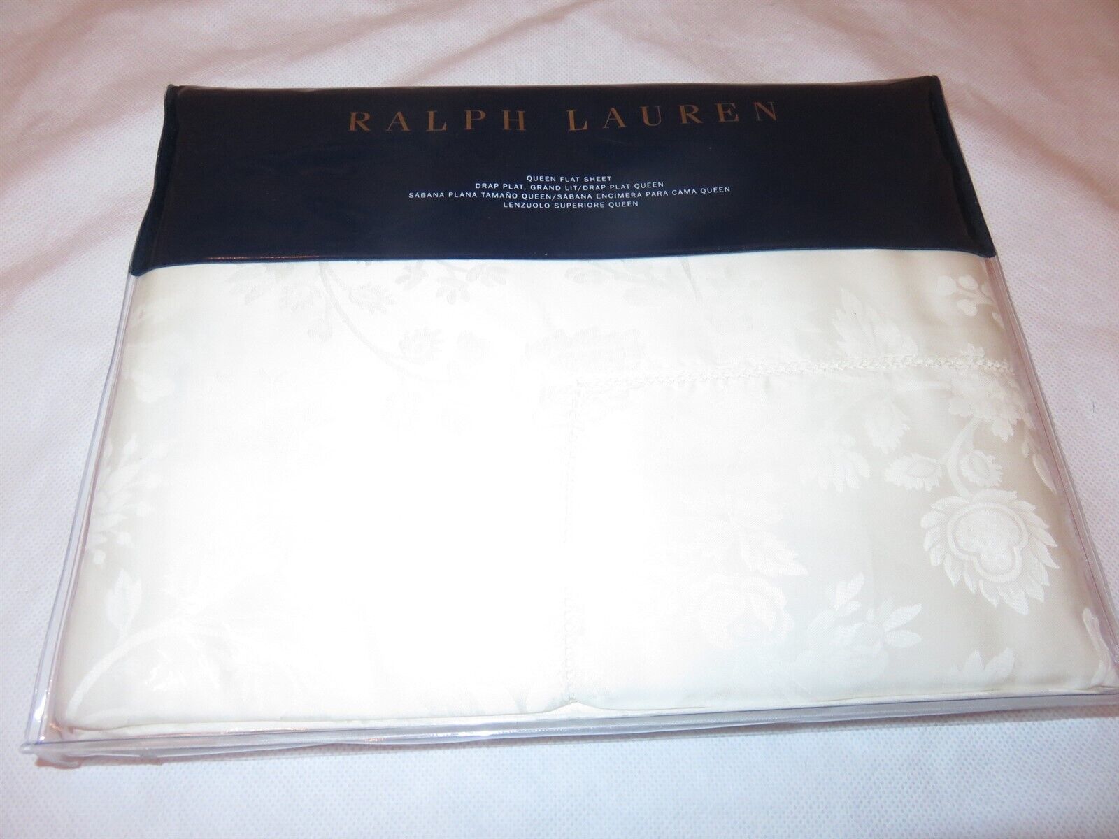 Primary image for Ralph Lauren Ashmont Jacquard Sateen Queen Flat Sheet 600TC $300 Cream Italy