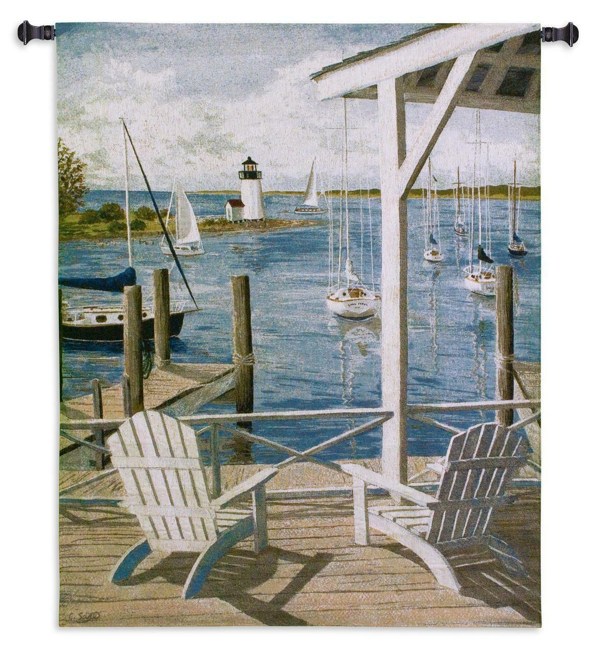 40x53 LIGHTHOUSE VIEW Ocean Coastal Sailboat Tapestry Wall Hanging - £132.04 GBP