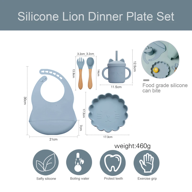 Play 5Pcs/Set Cute Cartoon Lion Baby Silicone Plate Spoon Set Baby Feeding Silic - £32.76 GBP