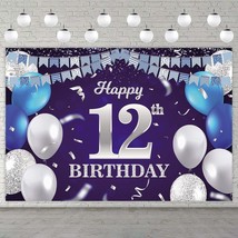 Happy 12Th Birthday Banner Backdrop Navy Blue Balloons Confetti Stripe F... - $20.99