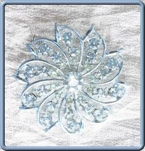 Elegant Blue Finished Silver-tone Rhinestone Flower Brooch 1980s vintage 2&quot; - £9.80 GBP