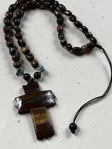 Tigereye Turquoise &amp; Black Stone Bead w Large Tigereye CROSS Pendant Necklace – - £22.96 GBP