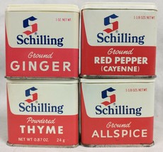 Lot Of 4 Vintage Schilling Spice Tins Red Pepper Thyme Ginger Allspice - £15.77 GBP