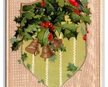 A Merry Christmas Holly Gold Bells EMbossed DB Postcard H29 - £3.09 GBP