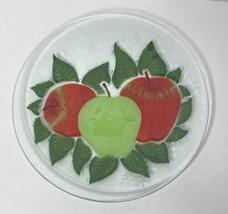 Vintage Fused Art Glass Round Plate Red Green Apples Spring Leaves Fruit Signed - £16.44 GBP