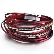 Amorcome Multilayer Leather Bracelet Female 6 Colors Trendy Rhinestone Crystal F - $13.14