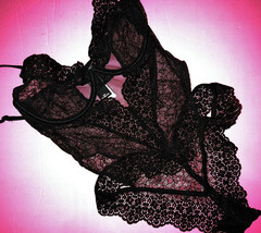 NWT Victoria&#39;s Secret 32C TEDDY one-piece BODYSUIT black LACE cutout - £54.48 GBP