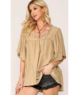 New GIGIO M Flowy Beige Frayed Washed Loose Fit Tunic Top Tassel Trim - $31.50 CAD