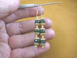 (ee404-61) 8 mm Green Jade Canada gemstone 3 beaded + gold caps dangle earrings - £14.27 GBP