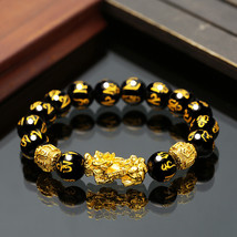 Obsidian Stone Beads Bracelet Feng Shui Men Women Wristband Gold Black Pixiu Wea - £11.98 GBP