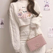 Bunny Heart Sweater Knit Crop Top Skirt Set | Women Kawaii Lolita Knit Dress - £50.32 GBP