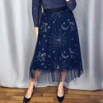 Sweet Embroidered  Galaxy Pleated Two Layered Tulle Long Midi Skirts Seq... - £41.56 GBP