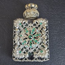 Vintage CZECH Perfume BOTTLE only Silver Tone Filagree Emerald Green Glass Flaw - £31.64 GBP