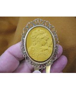 (CHM26-7) Feminine lady with bird yellow cameo brass hair pin pick stick... - $46.02 CAD