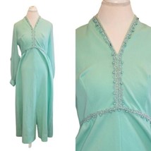 Vintage 70s Large Floor Length Empire Seafoam Green Puff Sleeve Hostess Dress - $77.23