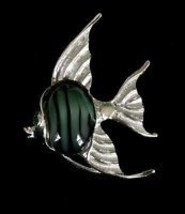 ANGEL FISH Vintage BROOCH Pin Silver-Tone Green Glass Green Rhinestone - $22.00