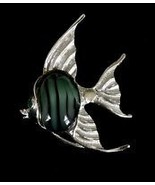 ANGEL FISH Vintage BROOCH Pin Silver-Tone Green Glass Green Rhinestone - $22.00