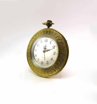 Linden Round Brass Alarm Clock Leaf or Feather Motif Made in Germany Mid Century - £14.35 GBP
