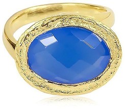 Saachi Color Oro Ovale Blu Calcedonio Ovale Asimmetrico Anello, Misura 6 - $22.48