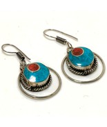 Red Coral Turquoise Handmade Ethnic Drop/Dangle Earrings Nepalese 1.90&quot; ... - £4.68 GBP