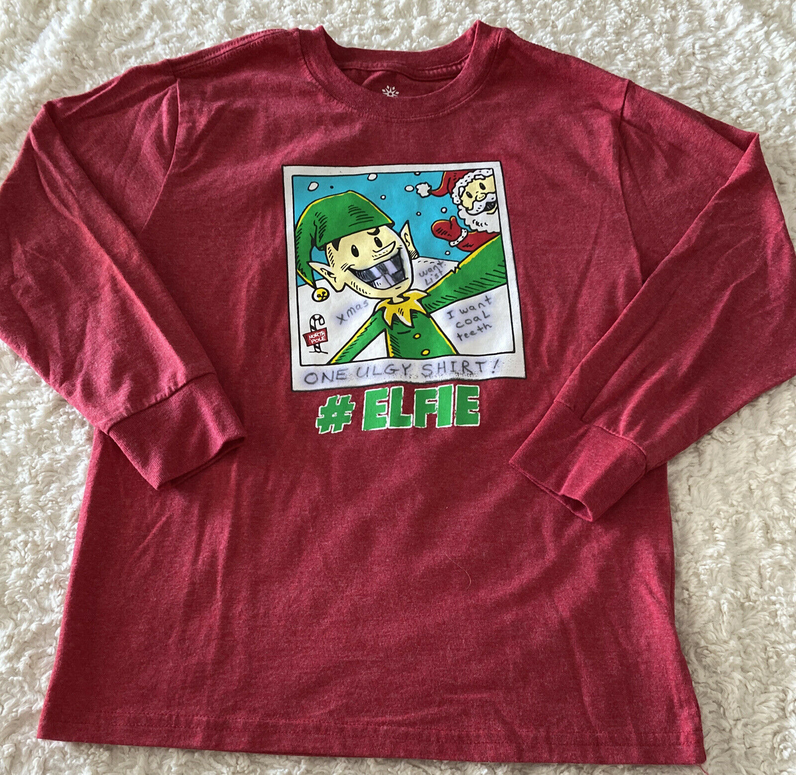 Target Boys Red Green #Elfie Santa One Ugly Shirt Polaroid Long Sleeve Shirt 8 - $9.31