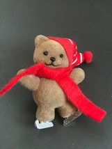 Estate Small Flocked Brown Skating Teddy Bear w Red Scarf &amp; Hat Holiday Pin Broo - £11.05 GBP