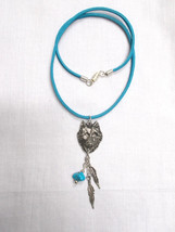 Night Wolf W 2 Pewter Feathers &amp; Turquoise Nugget On Chain Pendant 22&quot; Necklace - £15.73 GBP